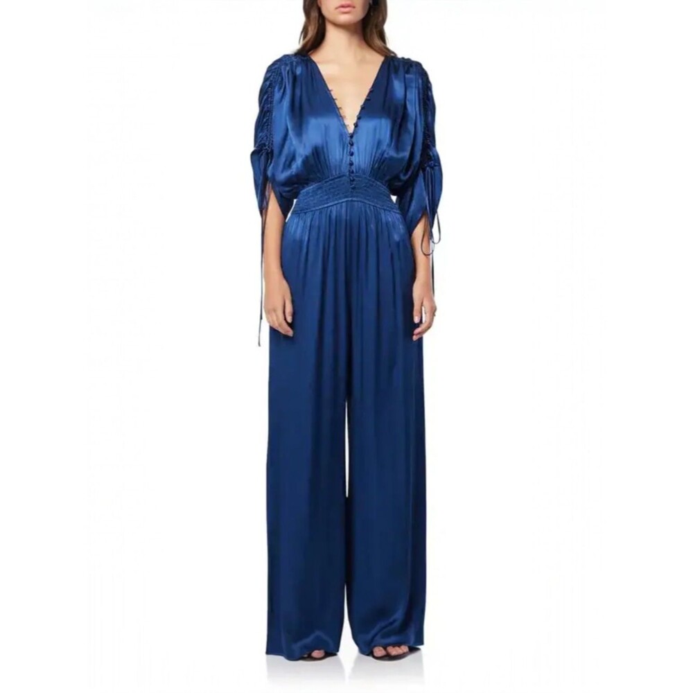 Elliatt Talia Blue Satin Wide Leg Jumpsuit Size XL Smocked Waist V Neck Formal